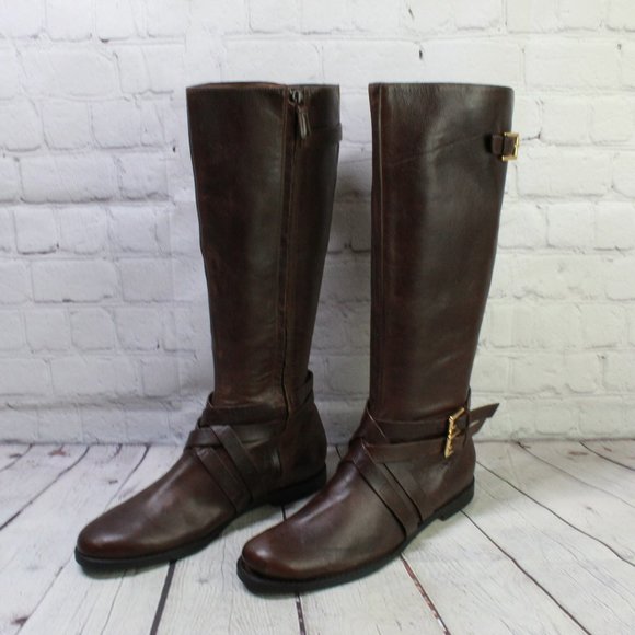 Cole Haan Brown Leather Side Zip Buckled Knee High Boots Size 9.5 B - Picture 2 of 12